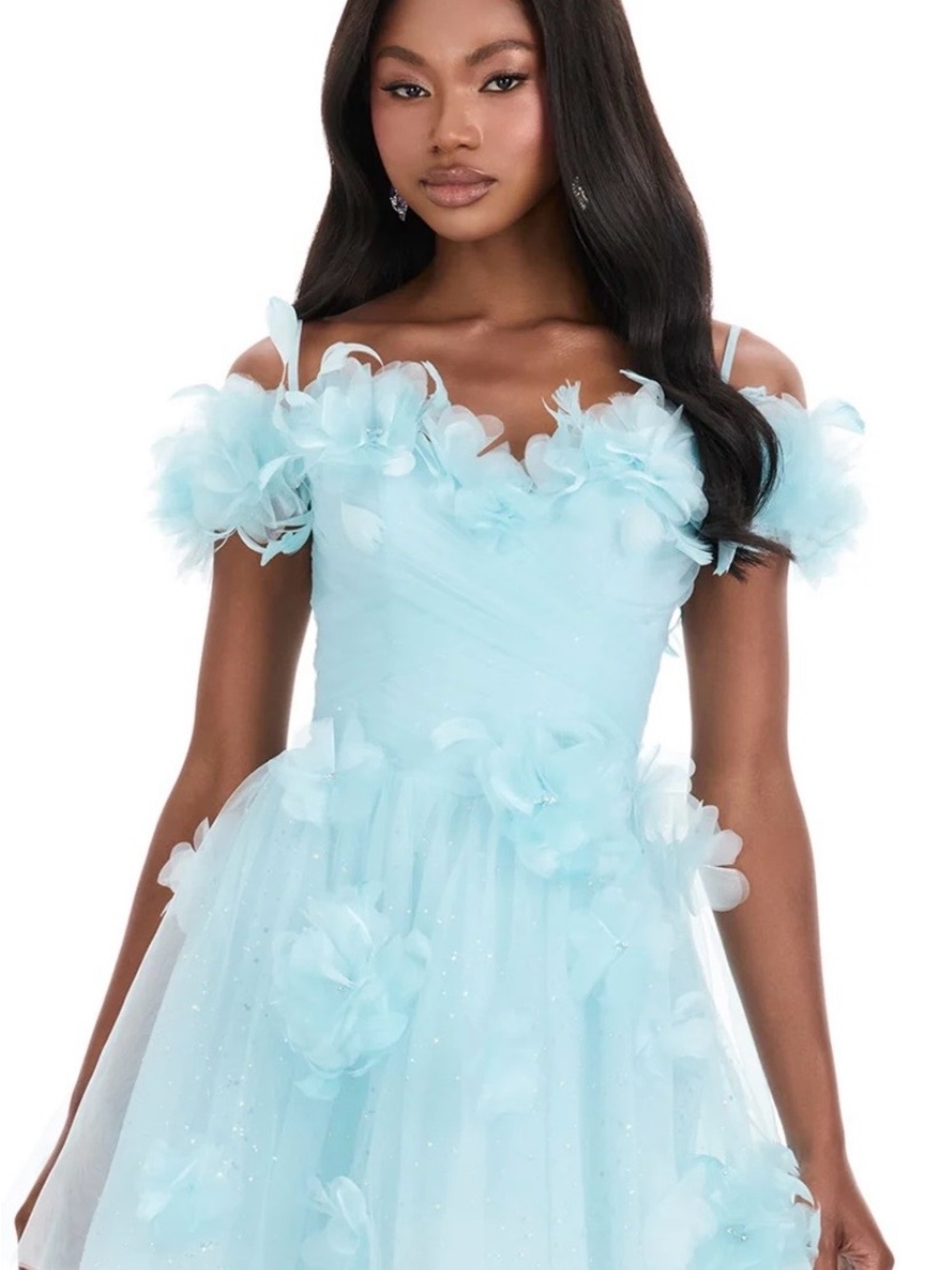 669. Ashley Lauren 4818 Aqua Floral Off-Shoulder Tulle Mini Dress